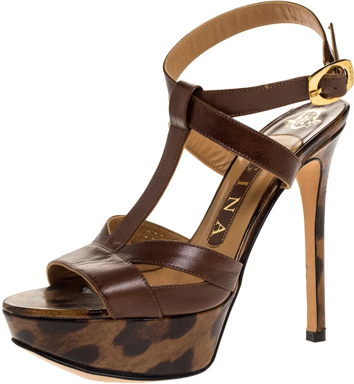 Gina Brown Leather And Leopard Print Patent Platform Ankle Strap Sandals Size 36