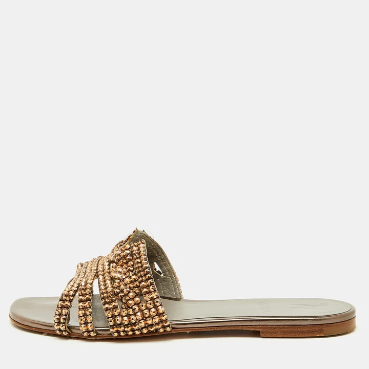 Gina Brown Leather Crystal Embellished Flat Slide Sandals Size 38.5