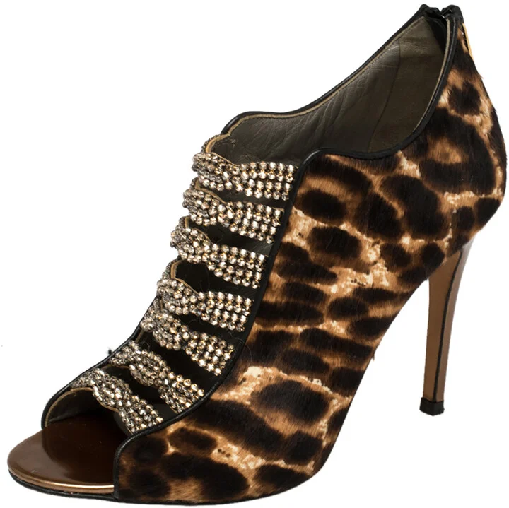 Gina Brown Leopard Print Calf Hair Embellished Sandals Size 37.5