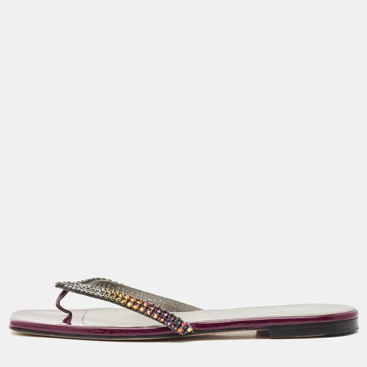 Gina Burgundy Leather Crystal Embellished Thong Flat Slides Size 40.5