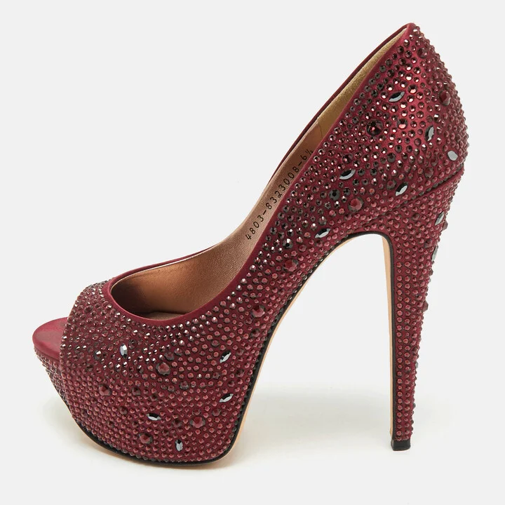 Gina Burgundy Satin Crystal Embellished Peep Toe Platform Pumps Size 39.5