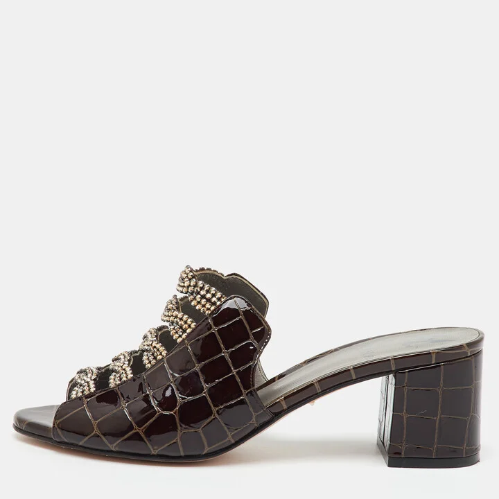 Gina Dark Brown Croc Embossed Patent Leather Crystal Embellished Slide Sandals Size 37