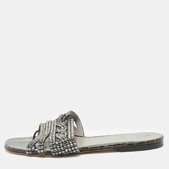 Gina Dark Green Croc Embossed Crystal Embellished Loren Flat Slide Size 39