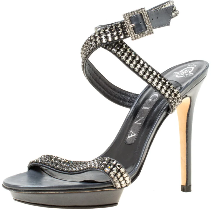 Gina Dark Grey Crystal Embellished Leather Cross Ankle Strap Sandals Size 37
