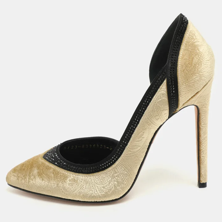 Gina Gold/Black Paisley Print Velvet Crystal Embellished D'orsay Pumps Size 39