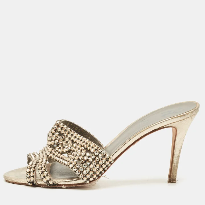 Gina Gold Croc Embossed Leather Crystals Embellished Slide Sandals Size 37
