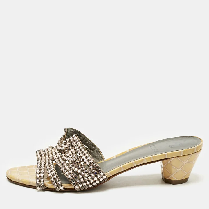 Gina Gold Croc Embossed Patent Leather and Leather Vida Crystals Slide Sandals Size 38.5