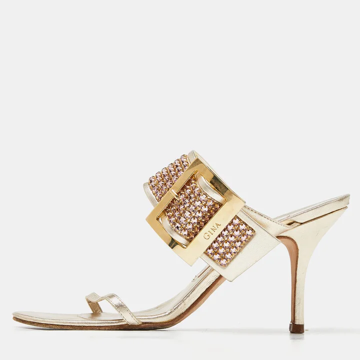 Gina Gold Crystal Embellished Leather Slide Sandals Size 37.5
