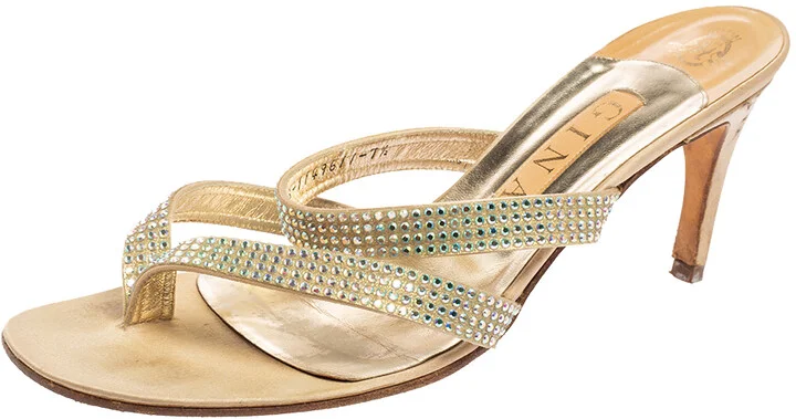 Gina Gold Crystal Embellished Leather Slide Sandals Size 40.5