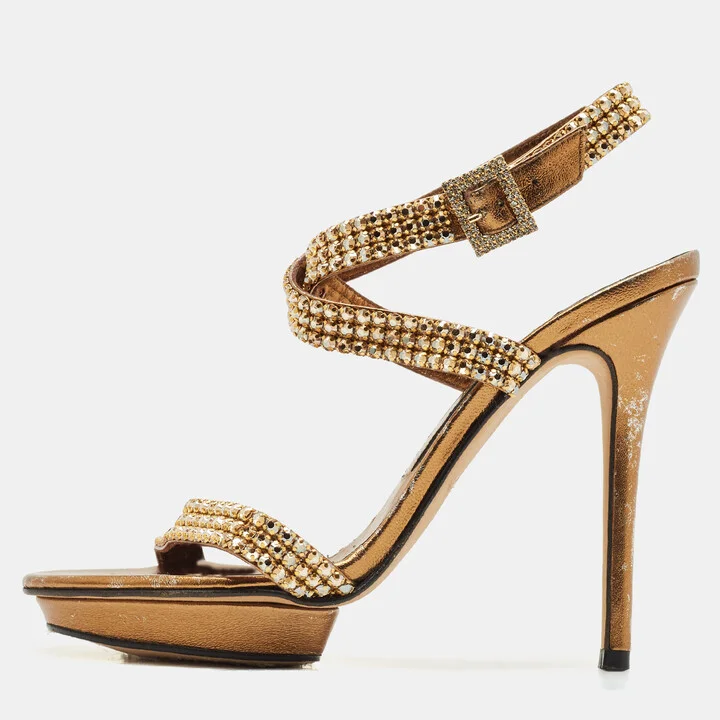 Gina Gold Leather Crystal Embellished Ankle Strap Sandals Size 38