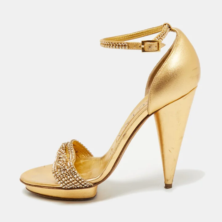 Gina Gold Leather Crystal Embellished Cross Ankle Strap Sandals Size 39