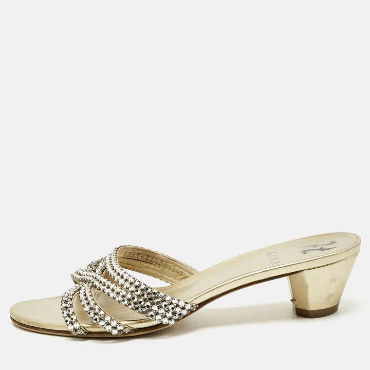 Gina Gold Leather Crystal Embellished Slide Sandals Size 40