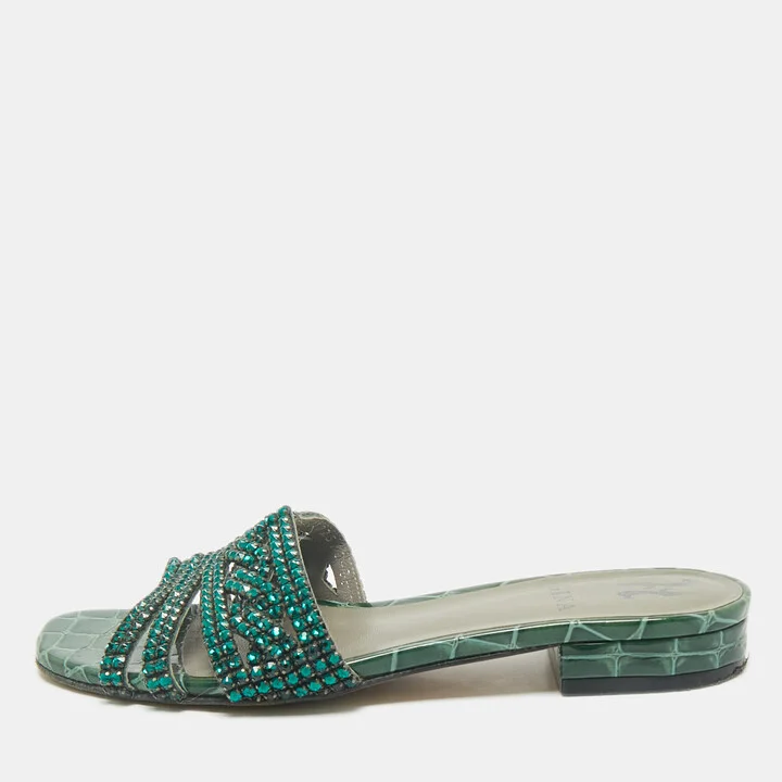 Gina Green Croc Embossed and Patent Leather Visage Slide Sandals Size 38
