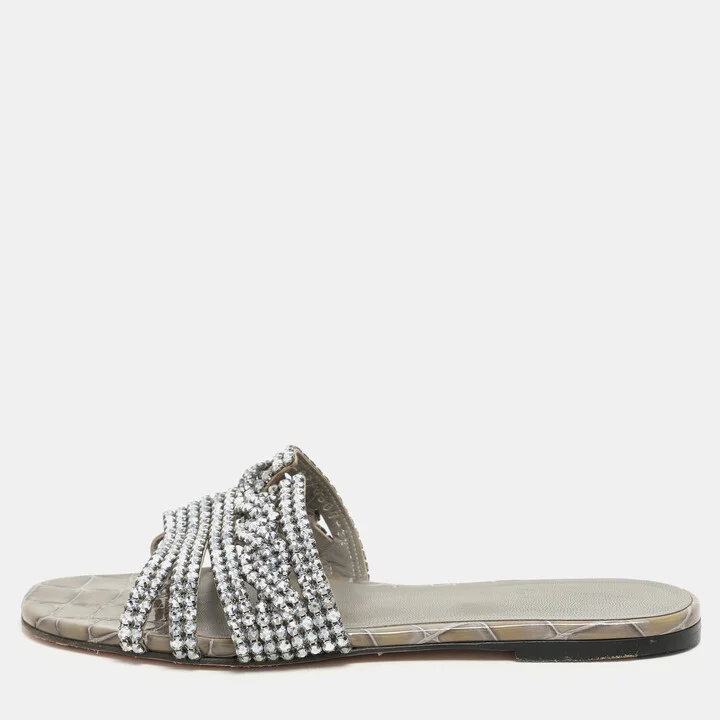 Gina Green Croc Embossed Crystal Embellished Thong Flat Slides Size 38.5