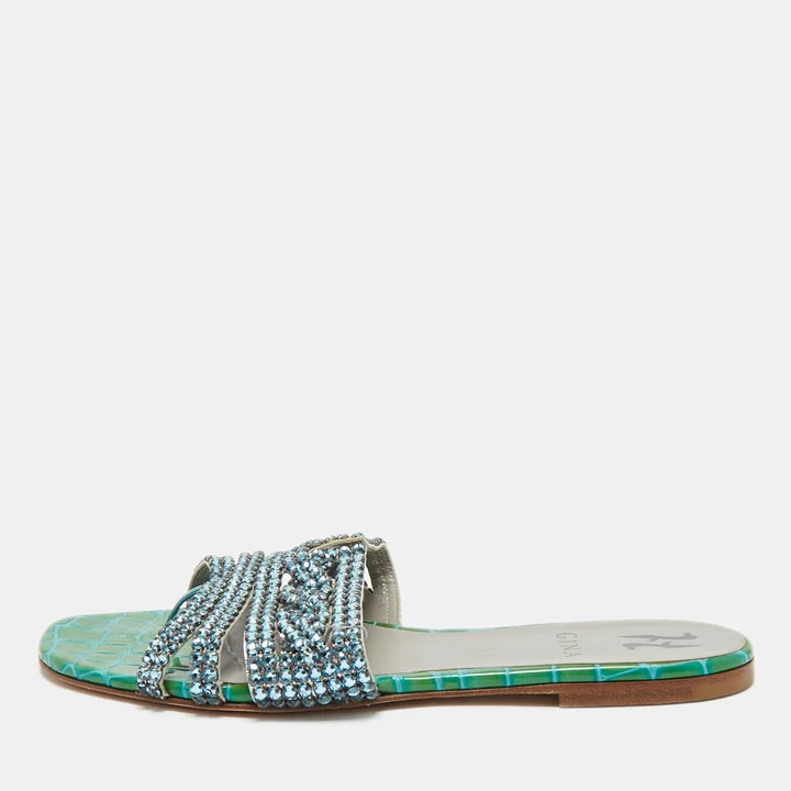 Gina Green Croc Embossed Patent Leather Crystal Embellished Loren Flat Slide Size 38.5