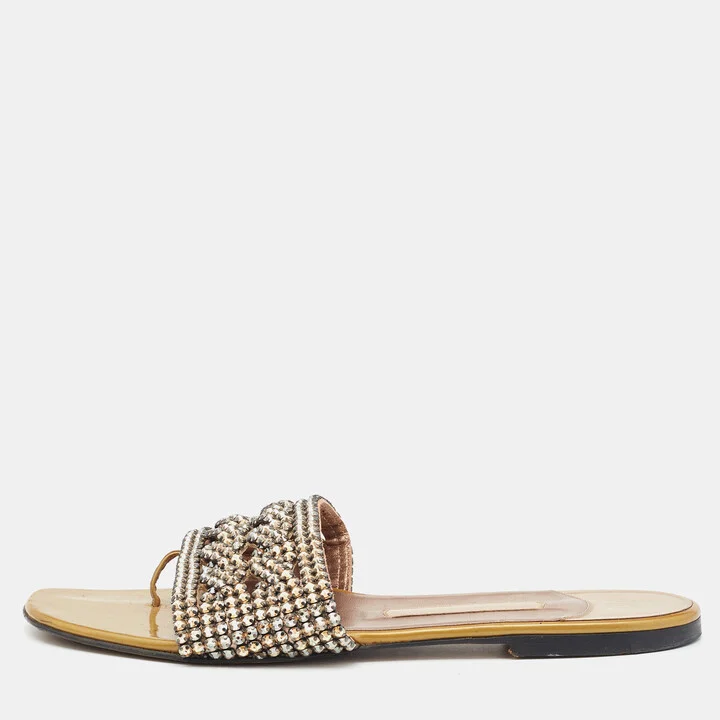 Gina Green Crystal Embellished Leather Flat Slides Size 39