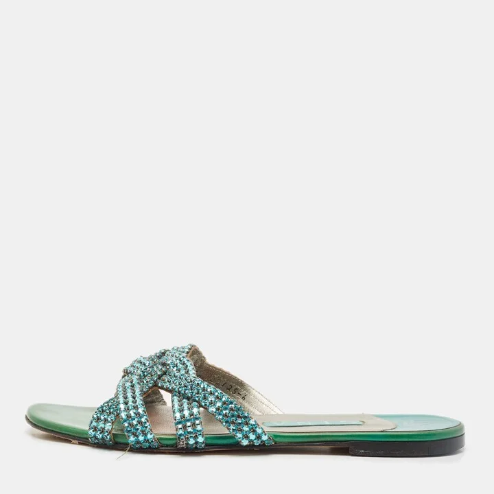 Gina Green Crystals and Leather Slide Sandals Size 38
