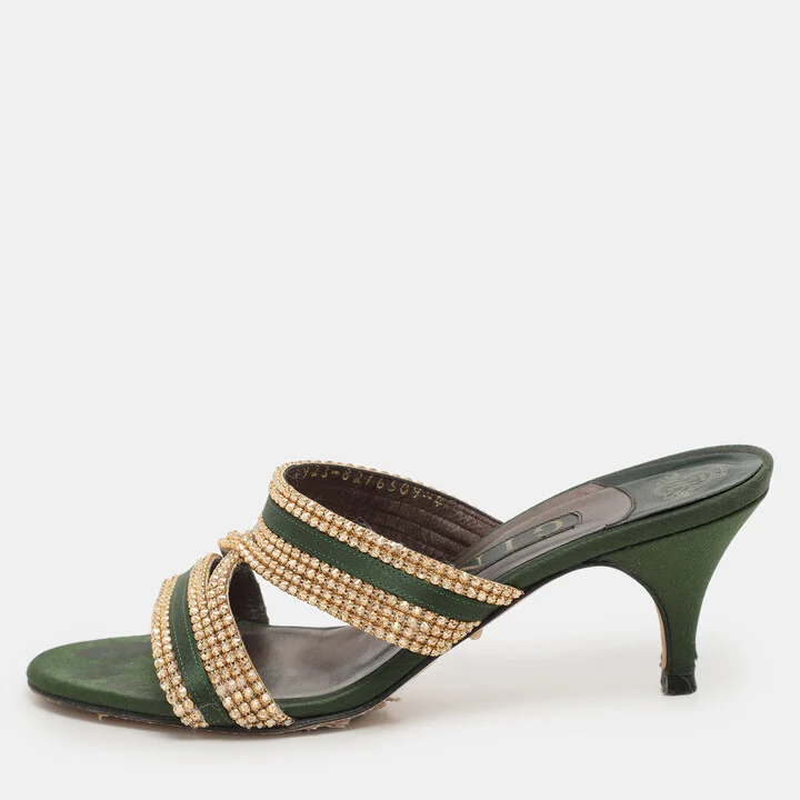 Gina Green/Gold Crystal Embellished Satin Slide Sandals Size 37