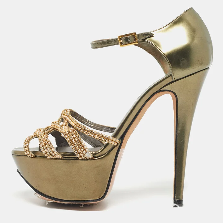 Gina Green Patent Leather Crystal Embellished Ankle Strap Platform Sandals Size 38
