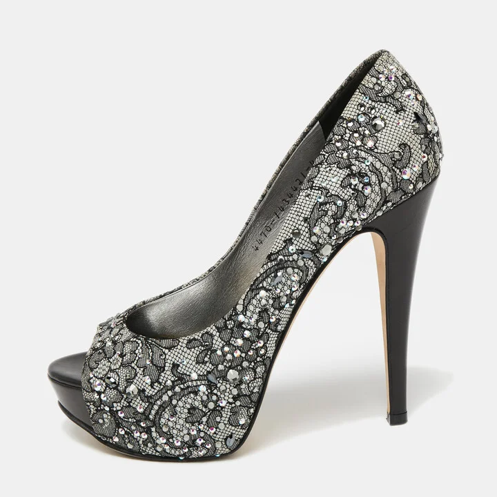 Gina Grey/Black Lace Crystal Embellished Open Peep Platform Pumps Size 37