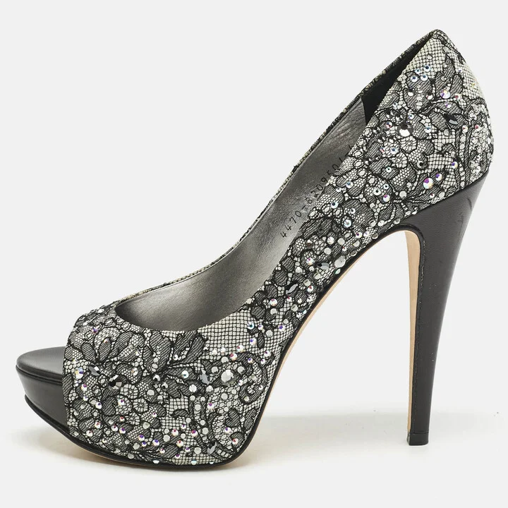 Gina Grey/Black Lace Crystal Embellished Open Toe Platform Pumps Size 39