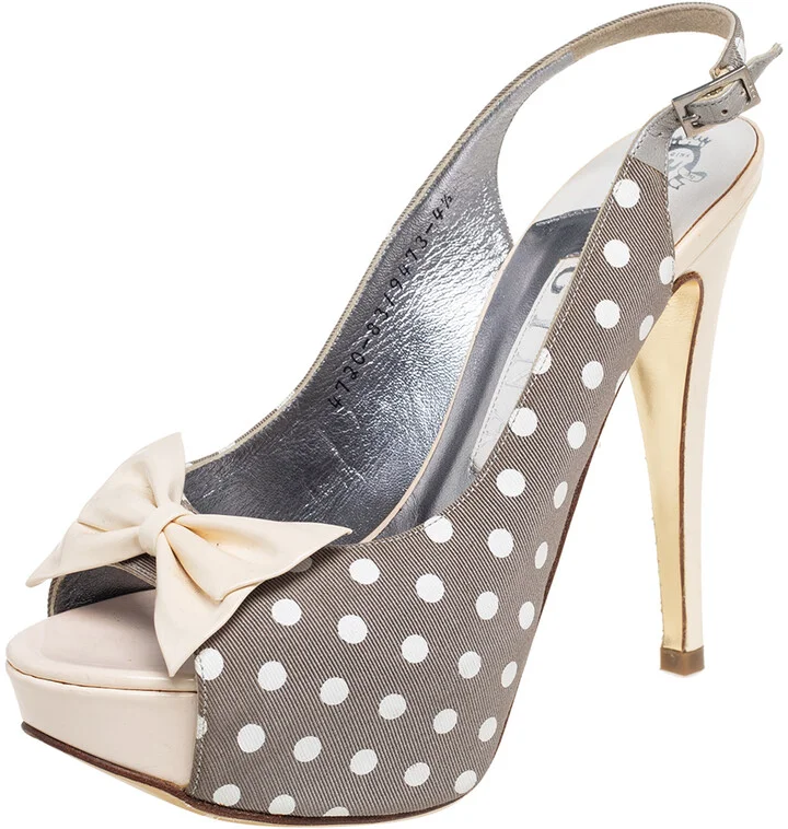 Gina Grey/Cream Polka Canvas And Patent Leather Bow Open Toe Sandals Size 37.5
