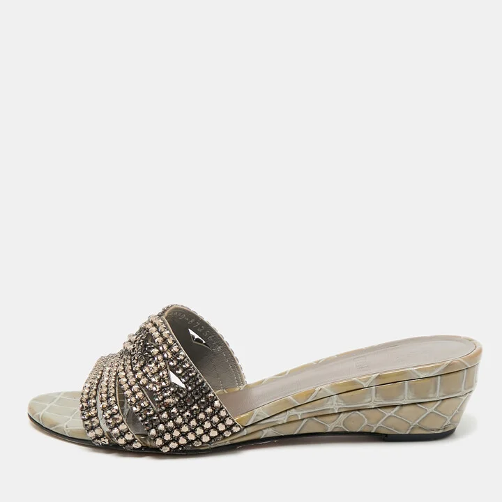 Gina Grey Leather Crystal Embellished Daphne Slide Sandals Size 38.5