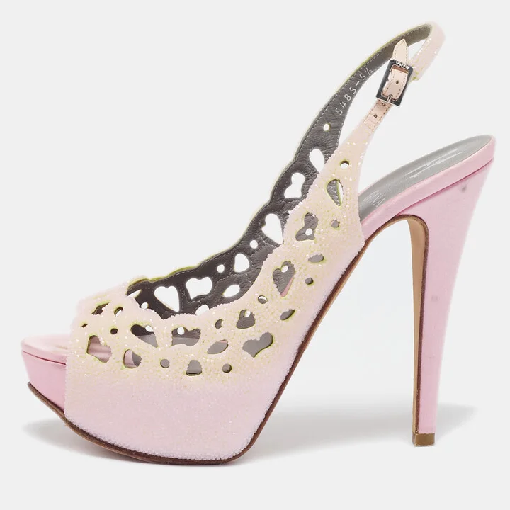 Gina Light Pink Crystal Embellished Suede Cut-Out Platform Slingback Sandals Size 38.5