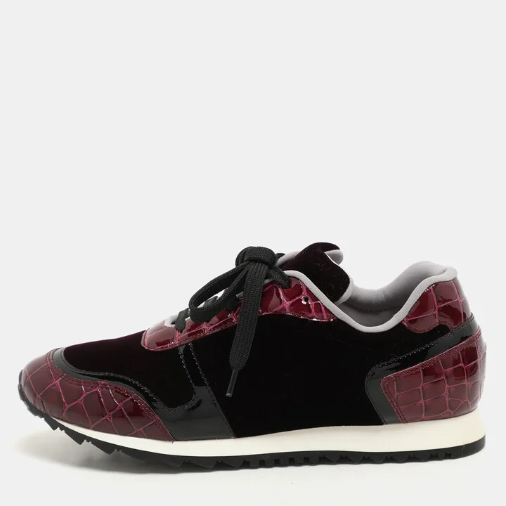 Gina Magenta Croc Embossed Patent Leather and Velvet Low Top Sneakers Size 37