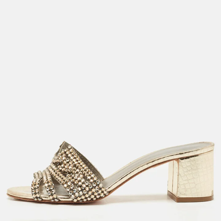 Gina Metallic Gold Leather Crystal Embellished Slide Sandals Size 39.5