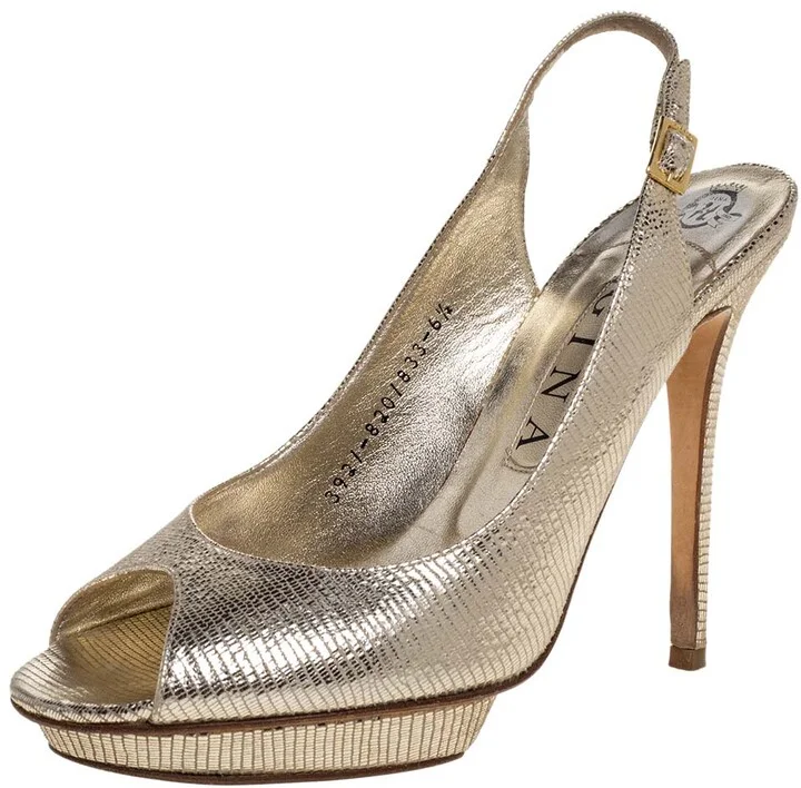 Gina Metallic Gold Lizard Embossed Leather Platform Peep Toe Slingback Sandals Size 39.5