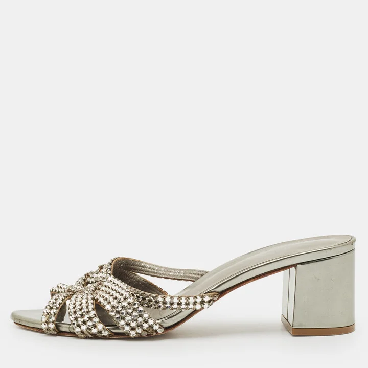 Gina Metallic Grey Patent Crystal Embellished Leather Slide Sandals Size 38.5