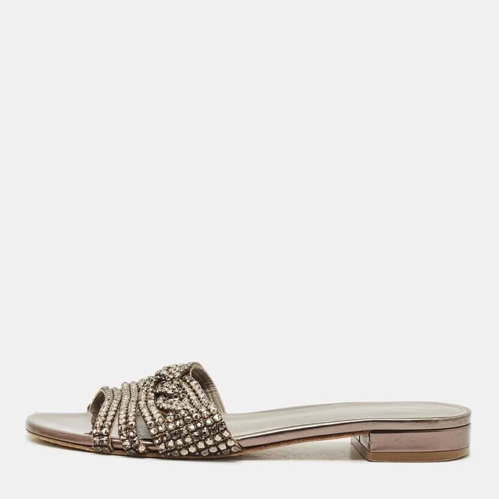 Gina Metallic Leather Crystal Embellished Loren Flat Slide Size 39.5