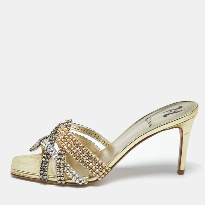 Gina Metallic Leather Crystal Embellished Slide Sandals Size 37.5