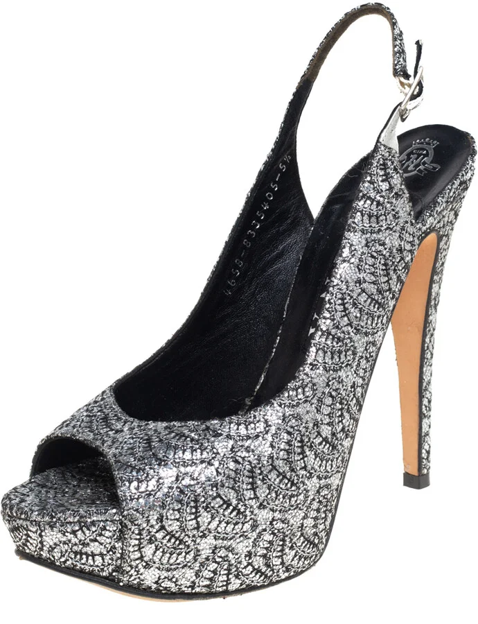 Gina Metallic Silver Glitter Peep Toe Platform Slingback Sandals Size 38.5