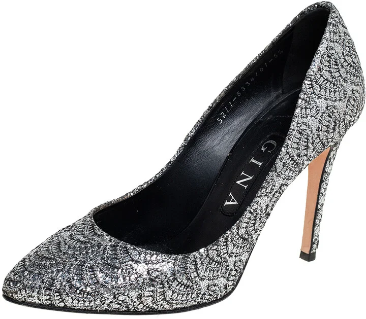 Gina Metallic Silver Lurex And Glitter Slip On Pumps Size 38.5