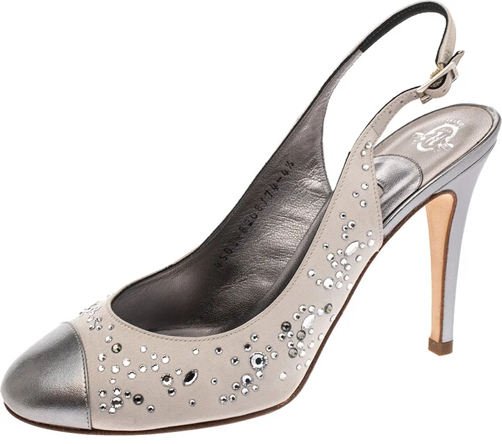 Gina Metallic Silver Satin and Leather Crystal Embellished Slingback Sandals Size 37.5