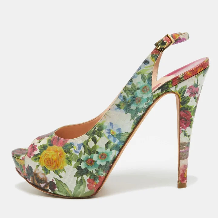 Gina Multicolor Python Embossed Leather Peep Toe Slingback Pumps Size 40.5