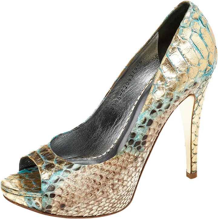 Gina Multicolor Python Leather Peep Toe Platform Pumps Size 39