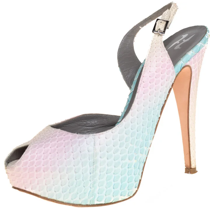 Gina Multicolor Python Leather Peep Toe Slingback Sandals Size 38.5