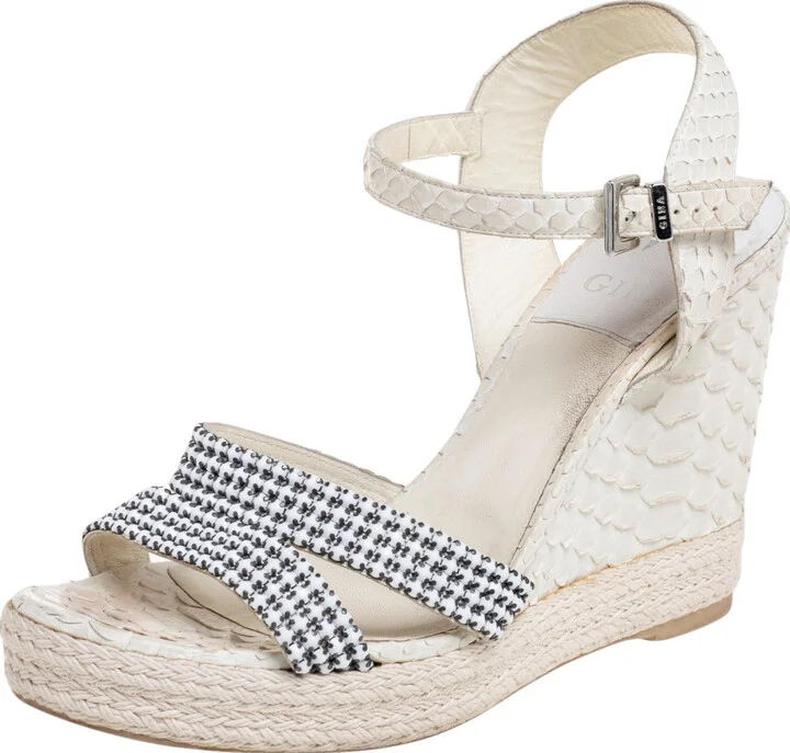 Gina Off-White Python Leather Crystal Embellished Wedge Platform Sandals Size 40