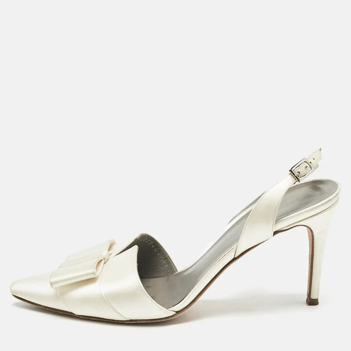 Gina Off White Satin Pointed Toe Slingback Pumps Size 38.5