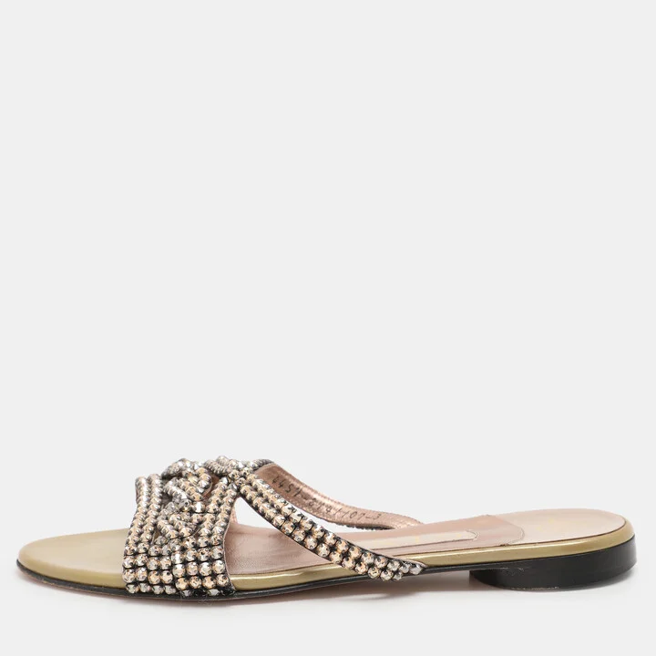 Gina Olive Crystals Embellished Flats Sandals Size 36