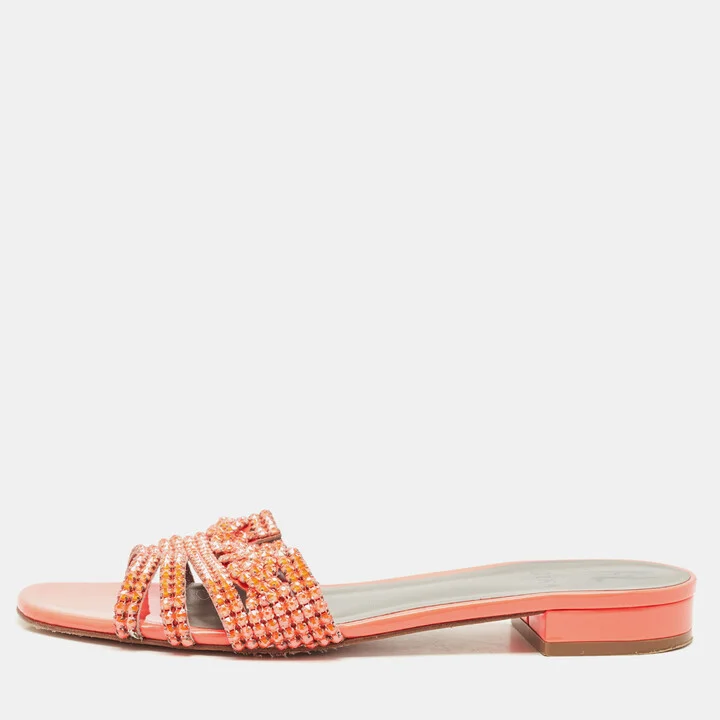 Gina Pink Crystal Embellished Leather Flat Sandals Size 41