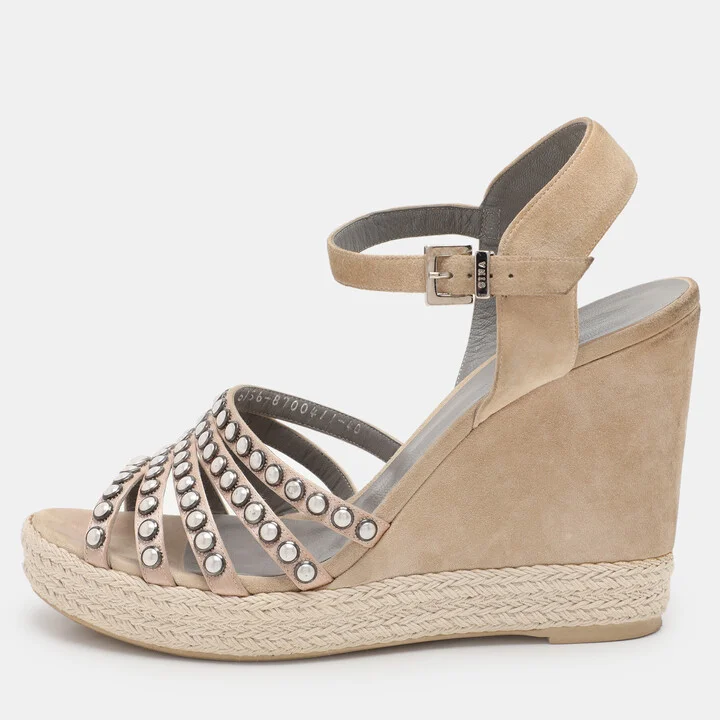 Gina Pink Satin and Suede Pearl Embellished Wedge Sandals Size 40