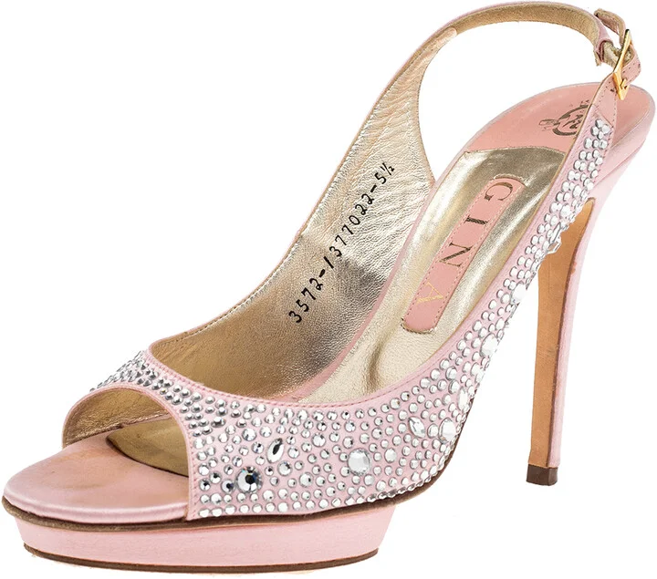 Gina Pink Satin Jewel Embellished Slingback Open Toe Platform Sandals Size 38.5