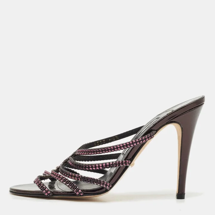 Gina Purple Leather Crystal Embellished Slide Sandals Size 39.5