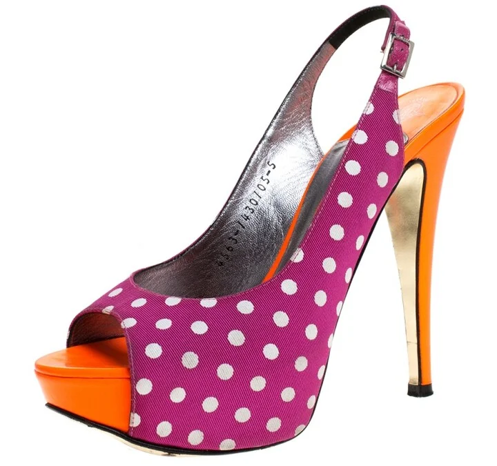 Gina Purple/Orange Polka Dot Fabric And Patent Open Toe Slingback Sandals Size 38