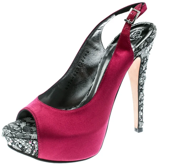 Gina Purple Satin Crystal Embellished Heel Peep Toe Slingback Sandals Size 37