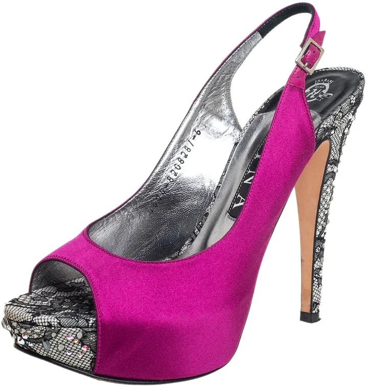 Gina Purple Satin Embellished Heel Peep Toe Platform Pumps Size 39